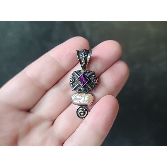 Unbranded Jewelry - 925 Sterling Silver Amethyst Pearl Pendant Vintage